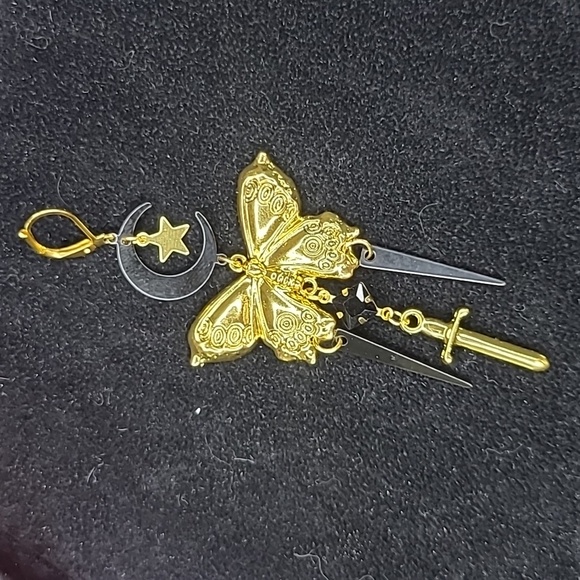 Butterfly Earrings Gold Tone Black Dagger Moon Star Crystal Statement Long New - Picture 3 of 6